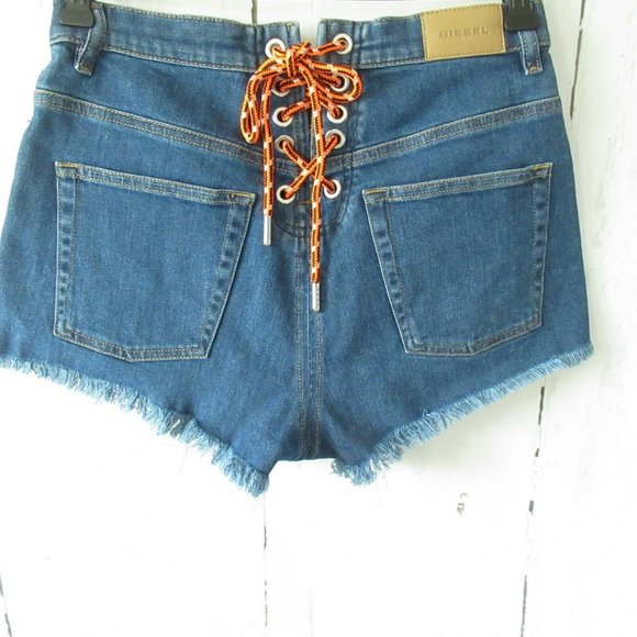 Diesel Jeans Shorts 28 High Rise Waist Frayed Raw Hem Cut Off Lace Up Denim - Picture 1 of 6